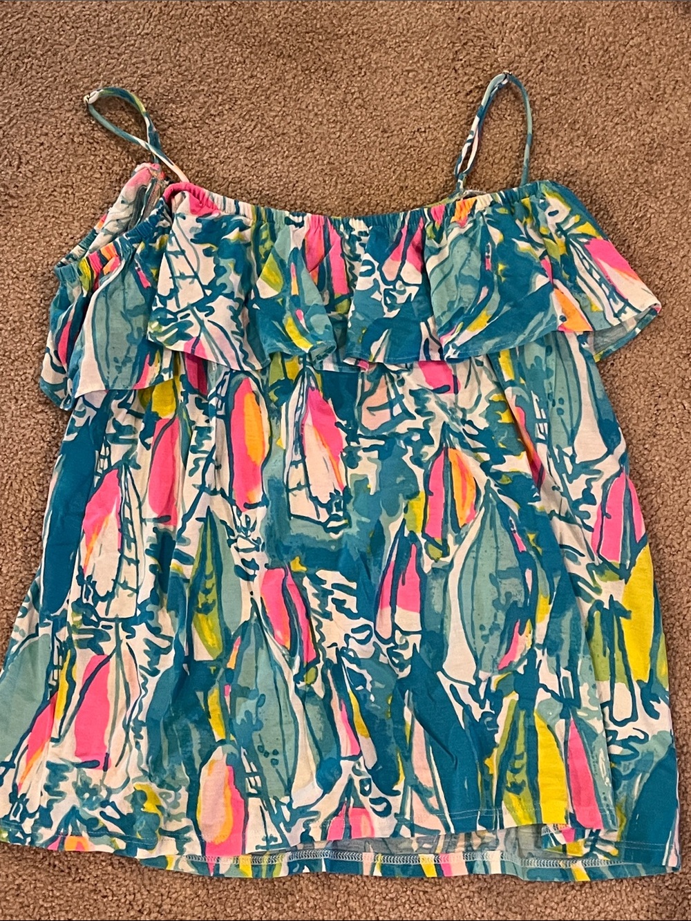 Lilly Pulitzer Teal Tank Top with Pink & Yellow Floral Print